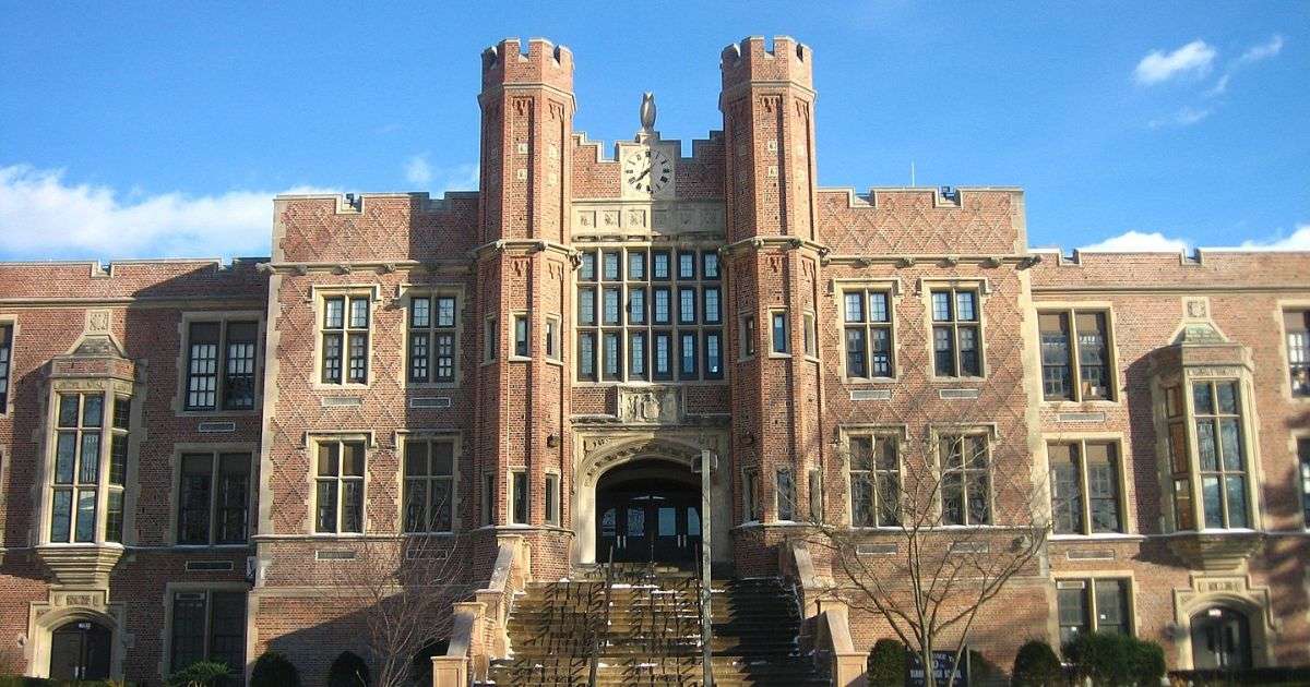 Teaneck High School building with clock tower in Teaneck, NJ