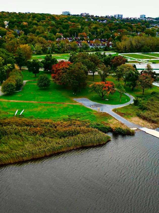 Aerial view of Overpeck County Park and the creek in Teaneck, NJ